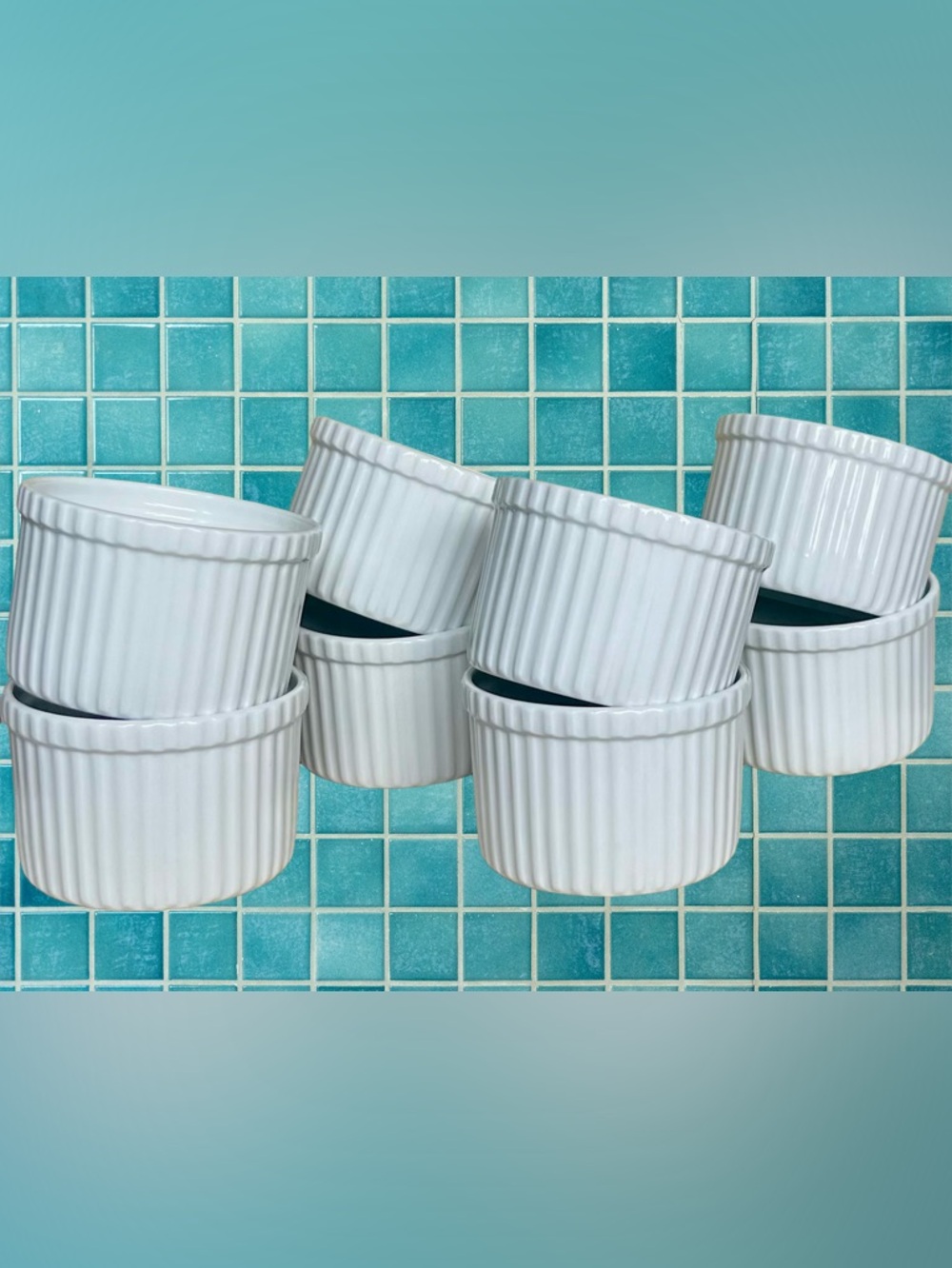 Crate & Barrel White Ribbed Talk Ceramic Ramekins Set of 8